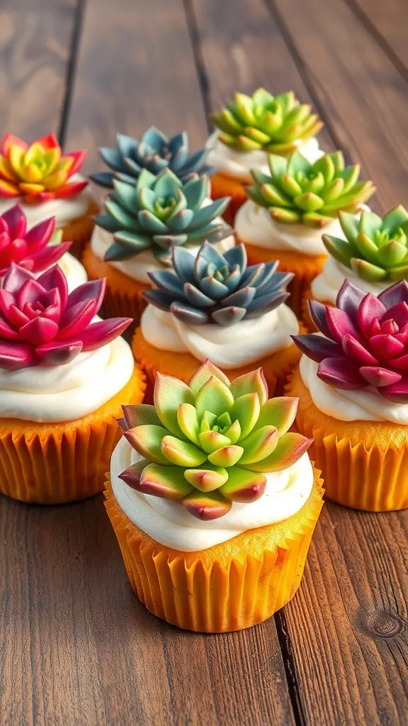 Colorful succulent-themed cupcakes with buttercream frosting