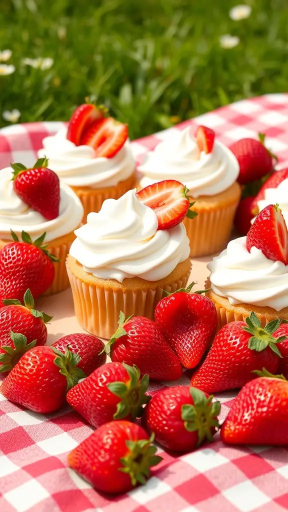 Strawberry shortcake cupcakes with fresh strawberries on a picnic blanket