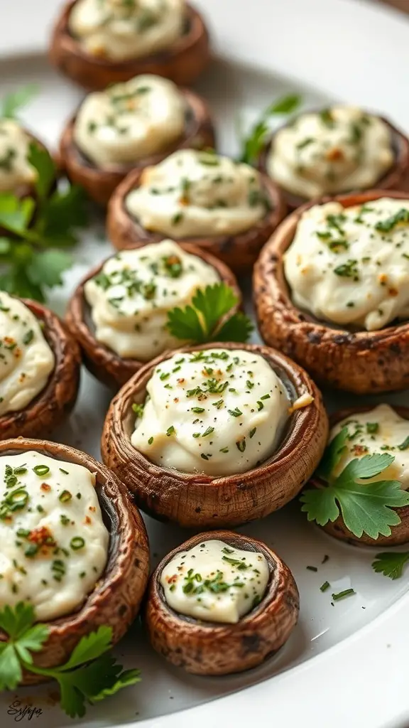 A plate of stuffed mushrooms topped with cream cheese and herbs