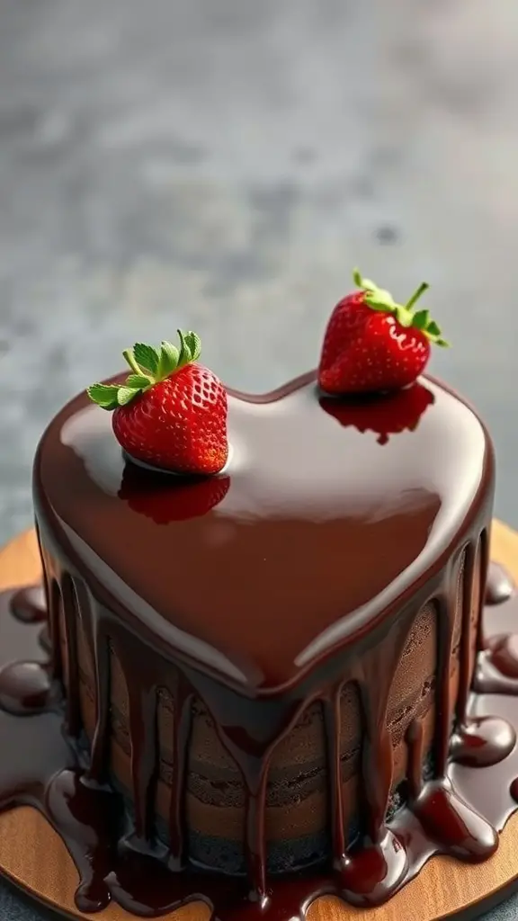 Heart-shaped chocolate ganache cake with strawberries on top