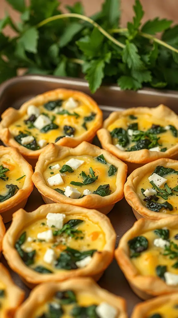 Mini quiches filled with spinach and feta cheese, arranged on a baking tray.