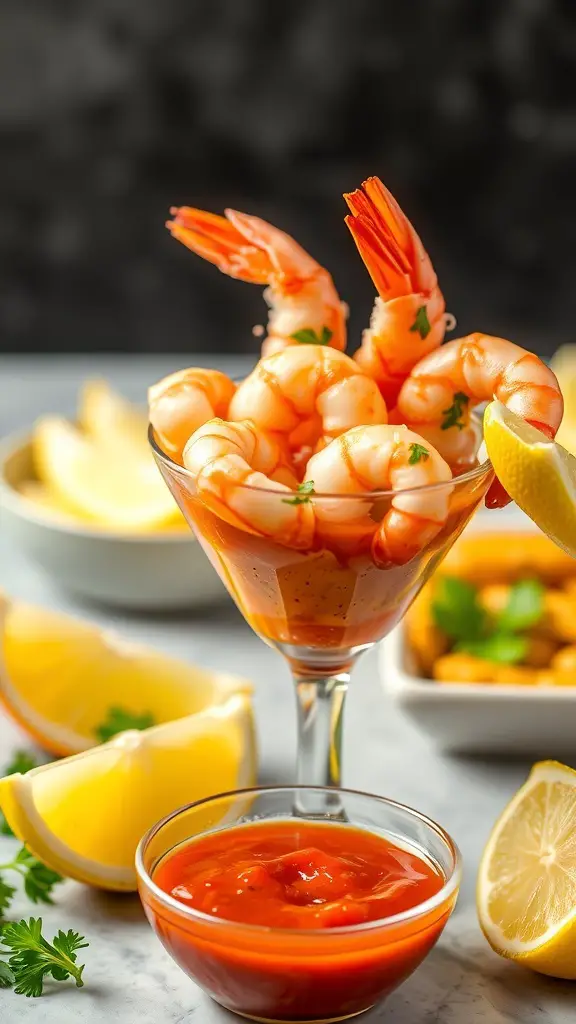 A glass of shrimp cocktail with spicy sauce, garnished with lemon wedges and fresh herbs.