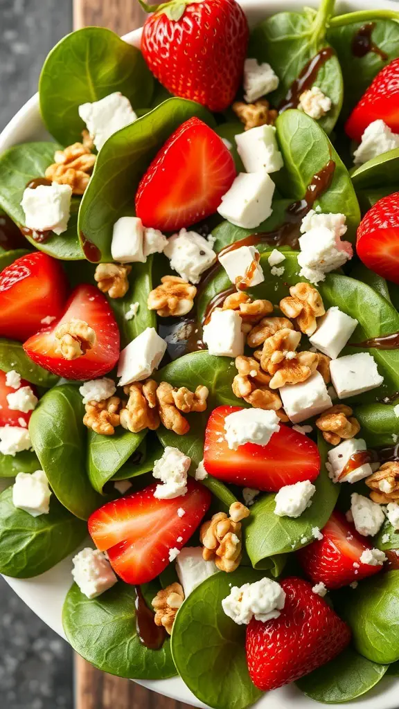 A vibrant Strawberry Spinach Salad with feta cheese and walnuts.