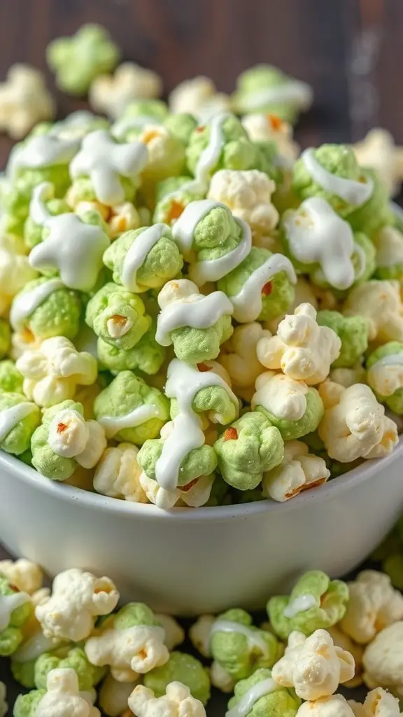 A bowl of colorful St. Patrick's Day popcorn with green and white drizzles.