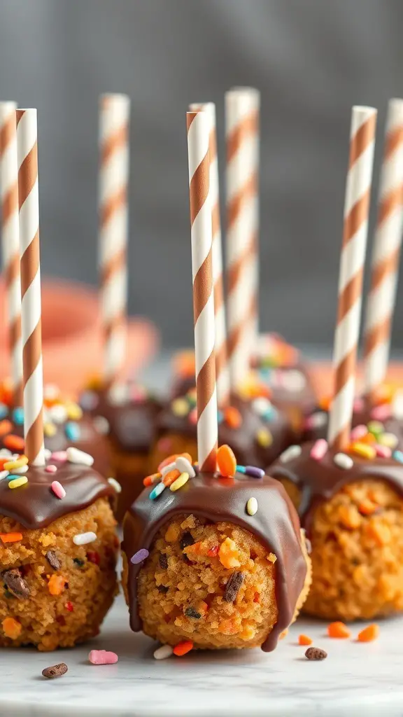 Mini carrot cake pops with chocolate coating and colorful sprinkles on a white surface.