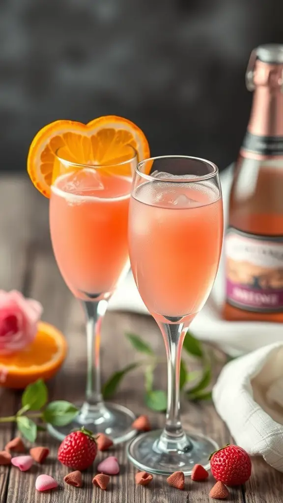 Two glasses of Sweetheart Mimosa with orange slices and strawberries