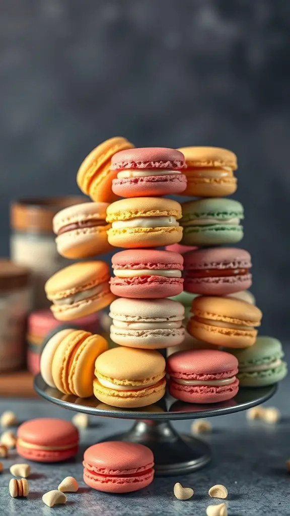 A beautiful display of colorful macarons on a stand, showcasing various pastel shades.