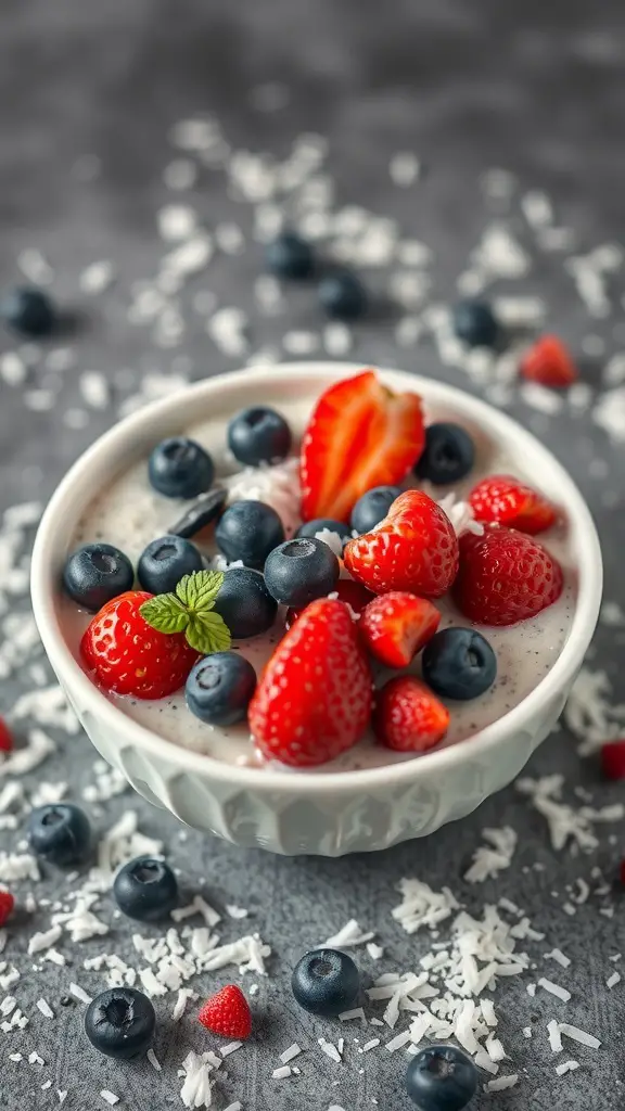 A bowl of coconut chia seed pudding topped with strawberries, blueberries, and coconut flakes.