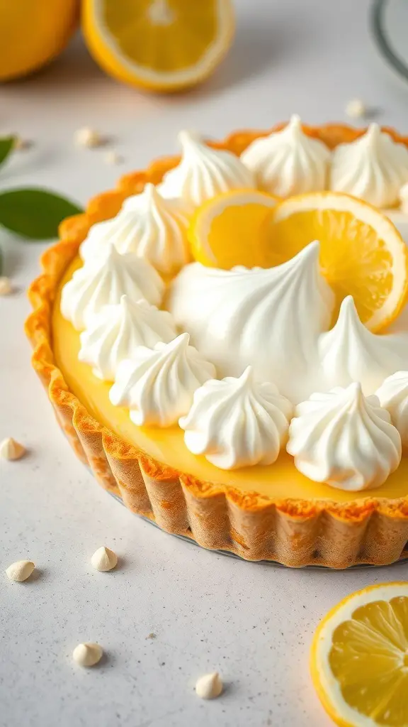 A beautifully decorated lemon meringue tart with swirls of meringue and lemon slices on top.