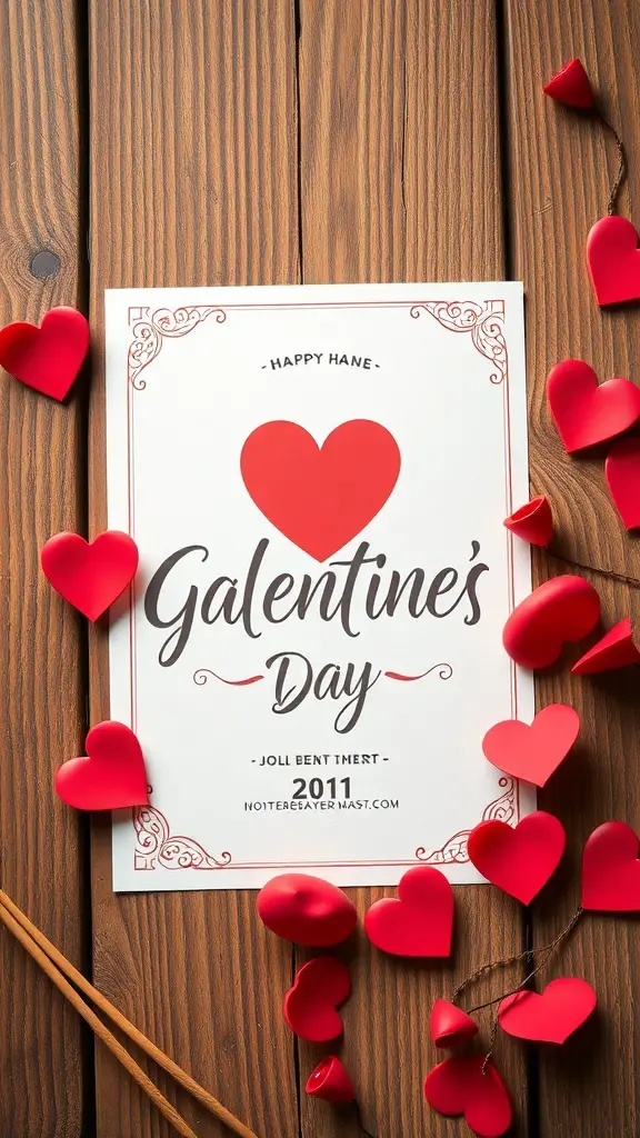 An invitation for Galentine's Day featuring hearts and playful typography on a wooden background.