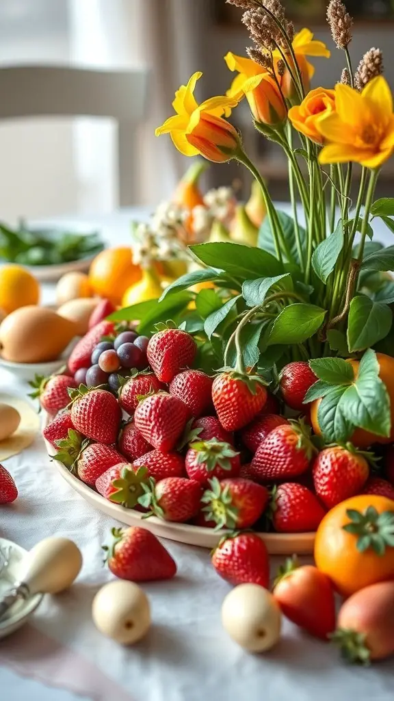 A vibrant arrangement of seasonal fruits including strawberries, oranges, and flowers on a table.