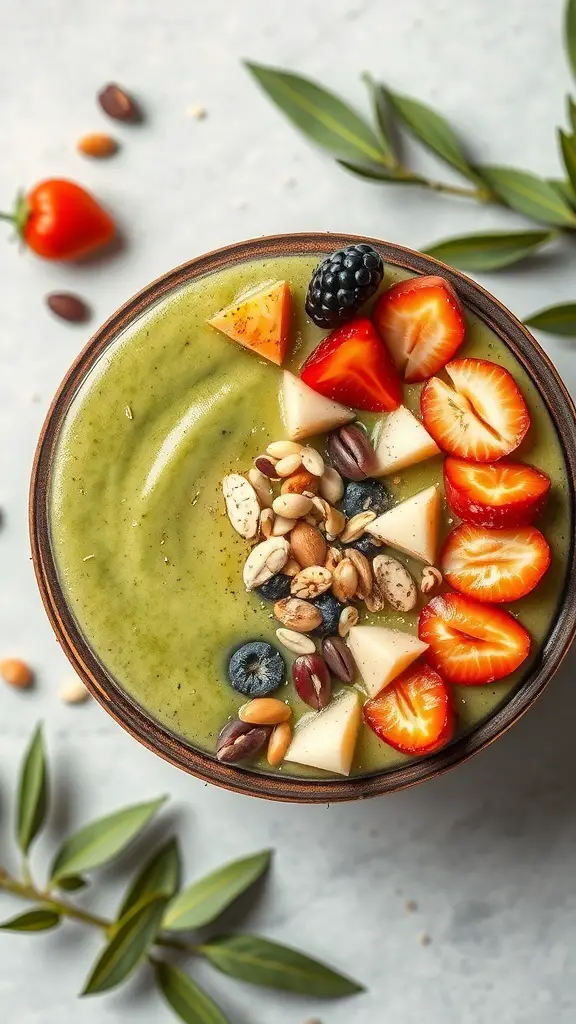 A green smoothie bowl topped with fresh fruits and nuts.