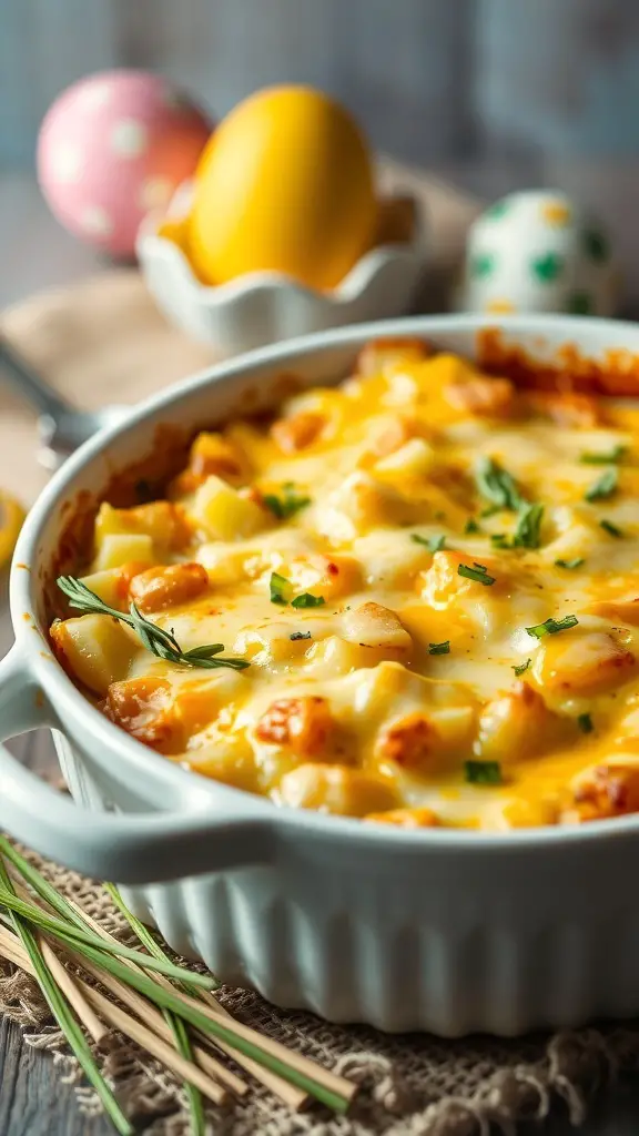 A dish of scalloped potatoes with cheese, garnished with herbs, alongside colorful Easter eggs.