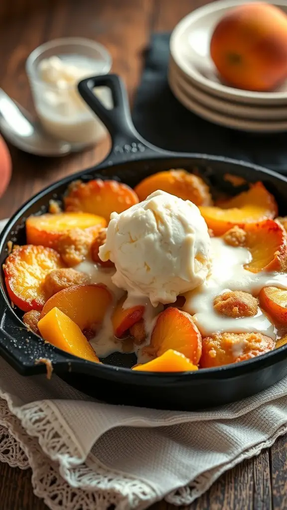 A warm peach cobbler cake topped with ice cream in a cast-iron skillet.