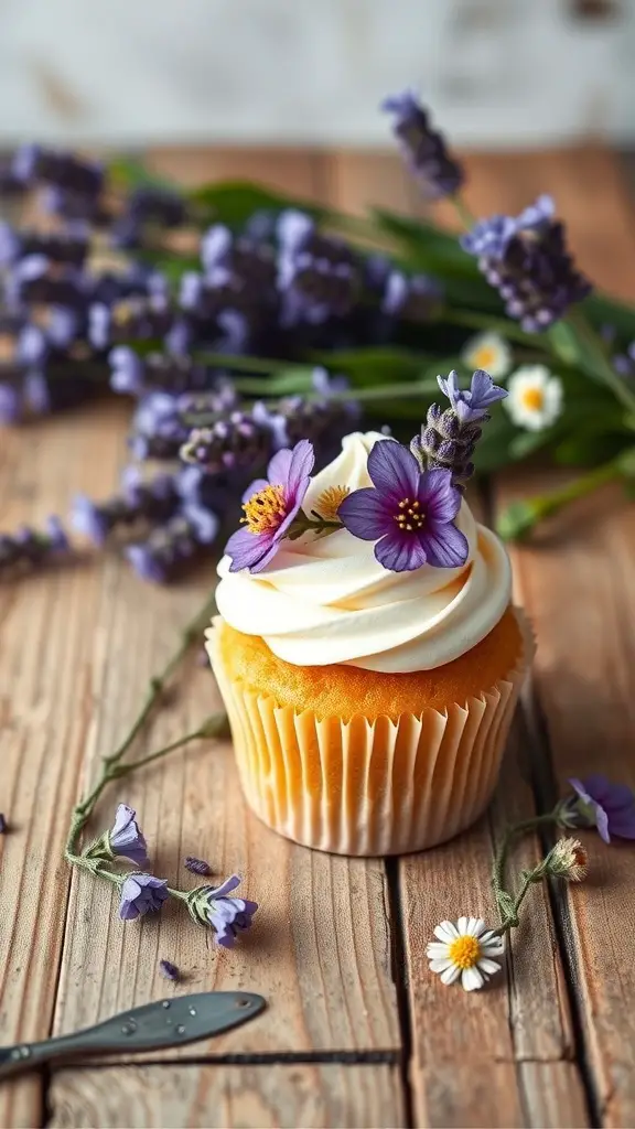 Lavender honey cupcake topped with frosting and decorated with lavender flowers