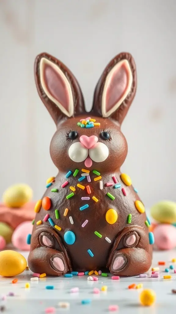 A chocolate bunny cake decorated with colorful sprinkles and candy, perfect for Easter.