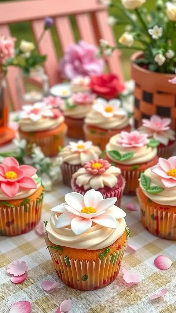 Colorful flower cupcakes on a picnic table with flowers in the background