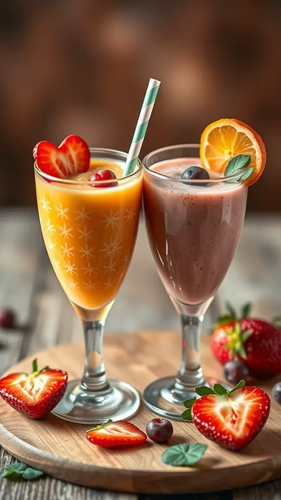 Two colorful smoothies in glasses, one yellow and one pink, garnished with fruit.