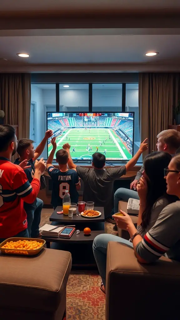 Group of friends enjoying a sports game viewing party with snacks and drinks
