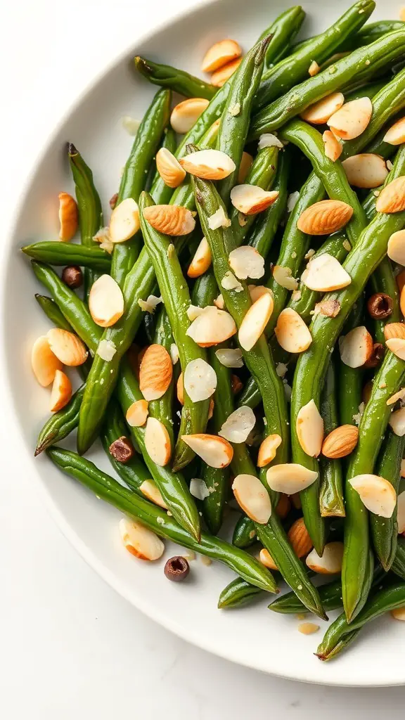 A plate of green beans topped with sliced almonds, showcasing a vibrant and crunchy snack option.