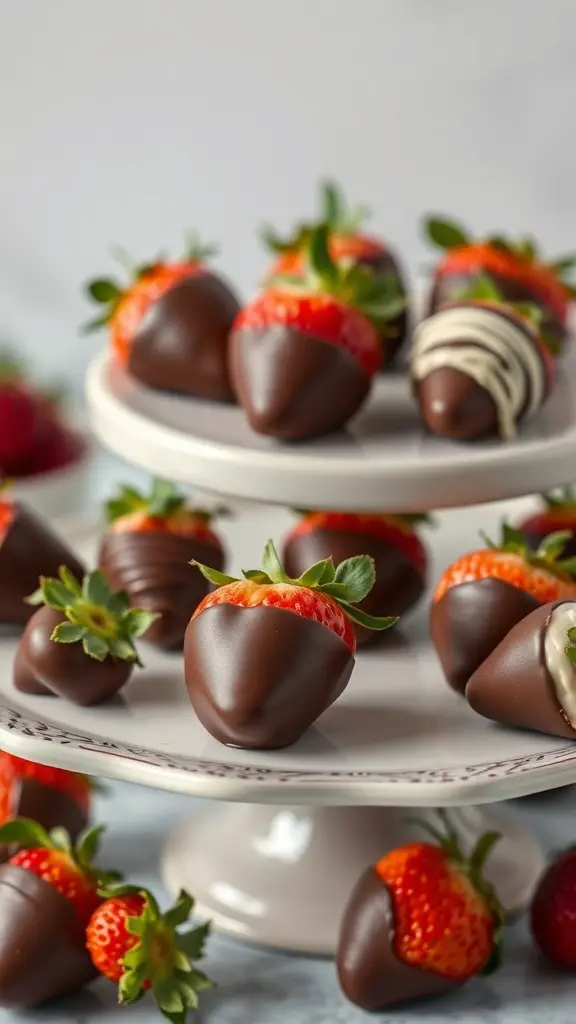A plate of chocolate-covered strawberries, some drizzled with white chocolate, showcasing a delicious appetizer.