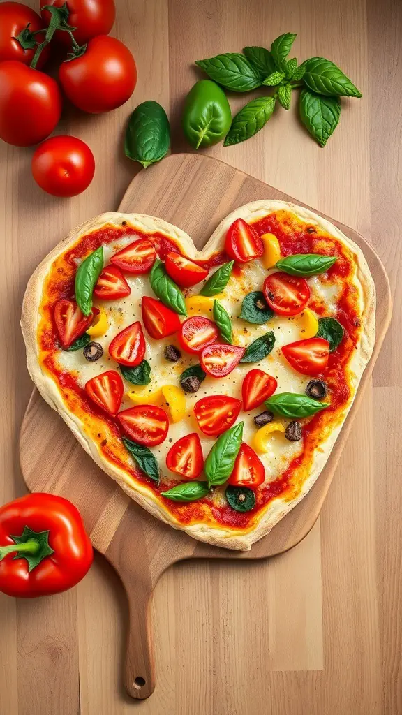 Heart-shaped pizza topped with tomatoes, basil, and peppers on a wooden board.