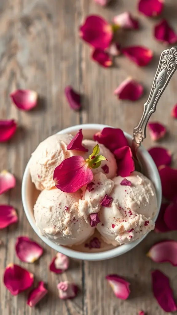 A bowl of rose petal ice cream garnished with rose petals on a wooden table