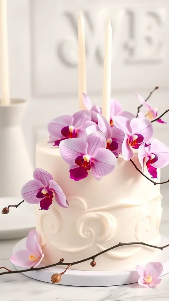 A beautifully decorated orchid and vanilla bean cake with pink orchids and white frosting