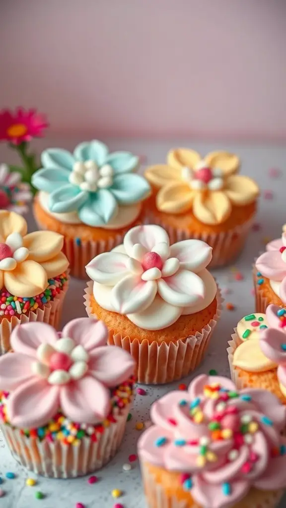 Colorful frosted flower cupcakes with sprinkles