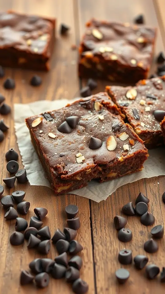 Delicious almond flour brownies with chocolate chips and almonds on a wooden table.