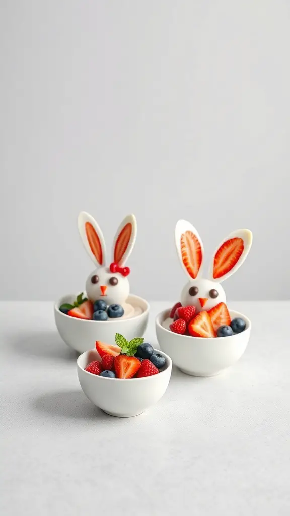 Fruit and yogurt bunny bowls decorated with strawberries and blueberries