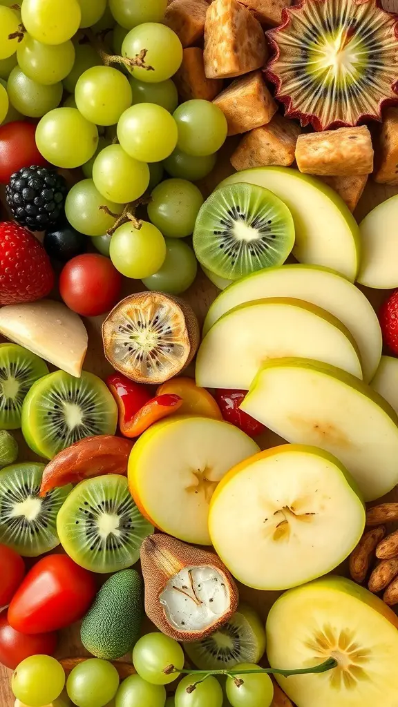 A colorful green charcuterie board featuring green grapes, apple slices, kiwis, and more.