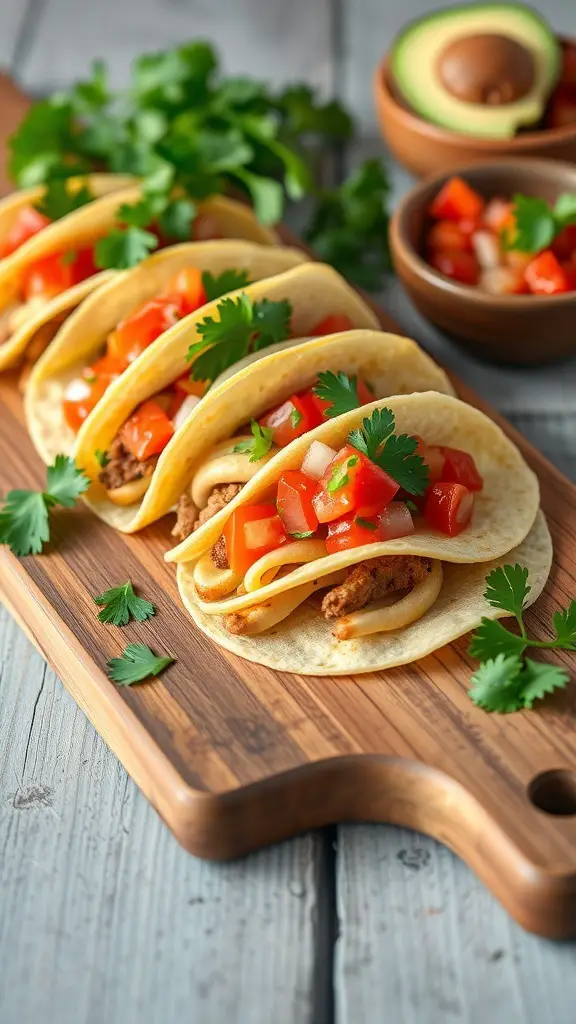 A platter of mini tacos filled with meat, tomatoes, and cilantro, served with fresh salsa and avocado.