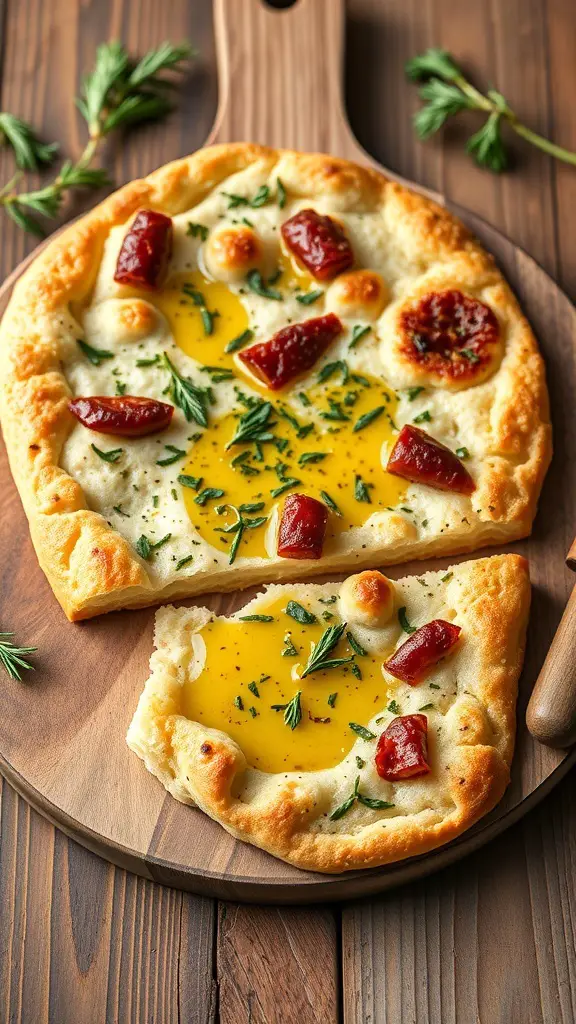A freshly baked Italian herb flatbread topped with sun-dried tomatoes and herbs on a wooden board.