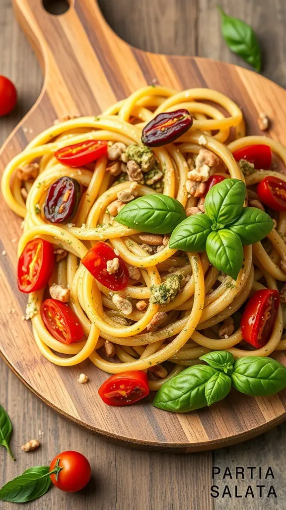 A delicious pesto pasta salad with sun-dried tomatoes, walnuts, and fresh basil on a wooden serving board.