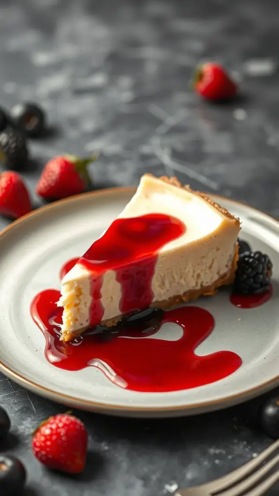 A slice of sugar-free cheesecake topped with red sauce, surrounded by fresh strawberries and blackberries.