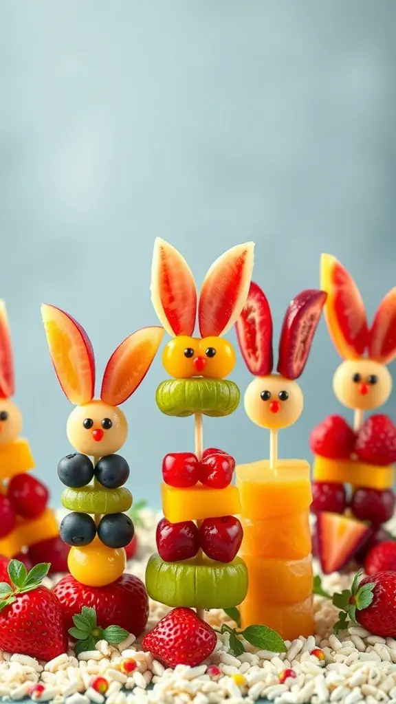 Colorful bunny fruit kabobs made from various fruits, arranged playfully on a table.