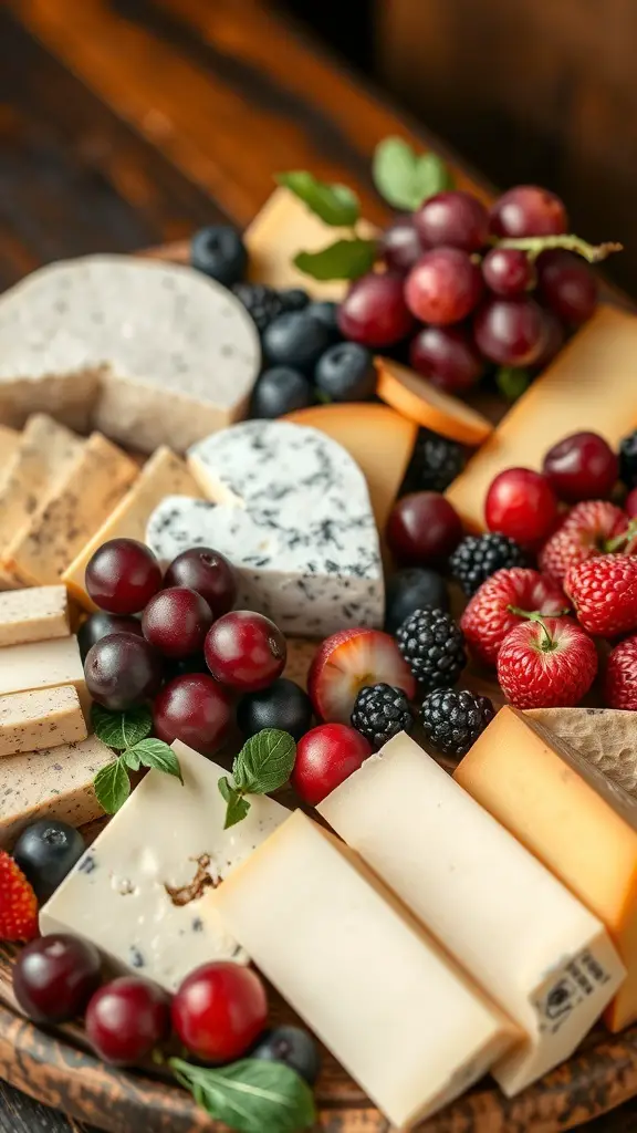 A colorful fruit and cheese platter featuring various cheeses and fresh fruits.
