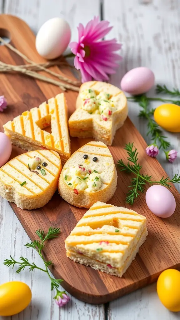 Mini egg salad sandwiches shaped like Easter symbols on a wooden board with colorful eggs and flowers