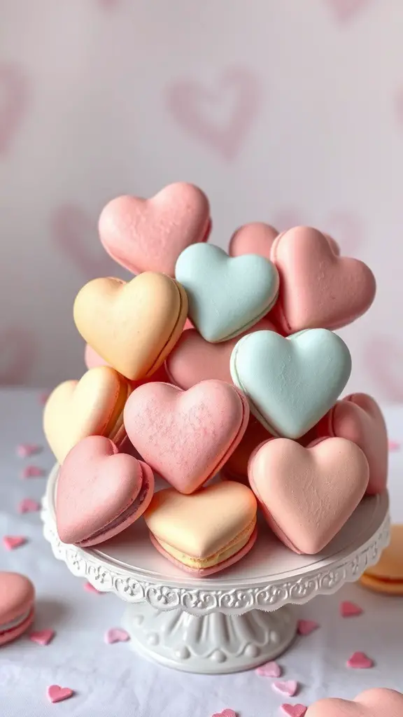 A plate of colorful heart-shaped macarons in pink, blue, and yellow
