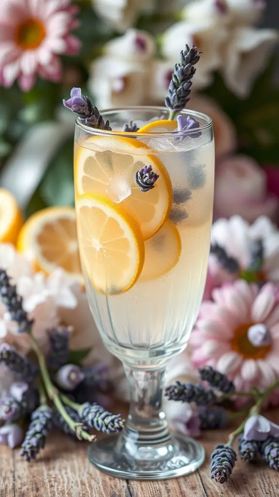 A glass of sparkling lavender lemonade with lemon slices and lavender sprigs, surrounded by flowers.