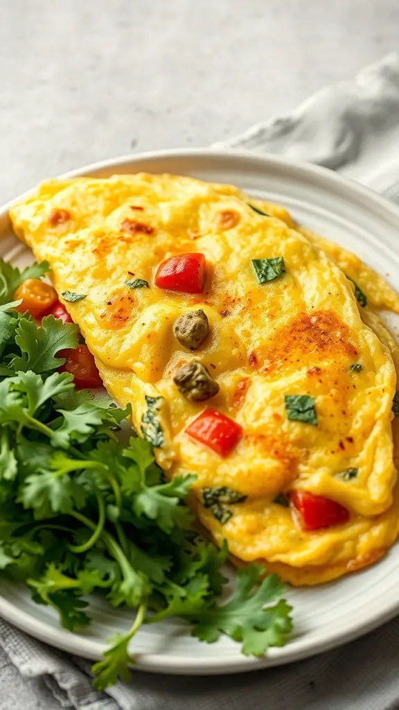 A fluffy omelet filled with seasonal vegetables, served with fresh greens on a plate.