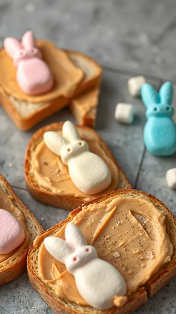 Peep-topped toast with nut butter and colorful marshmallow candies
