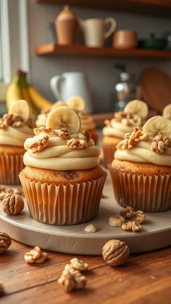 Delicious banana nut cupcakes topped with banana slices and walnuts, displayed on a wooden table.