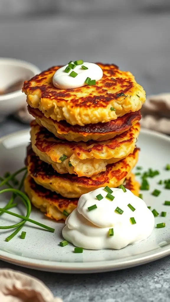 A stack of golden-brown Irish potato cakes topped with sour cream and chives on a plate.