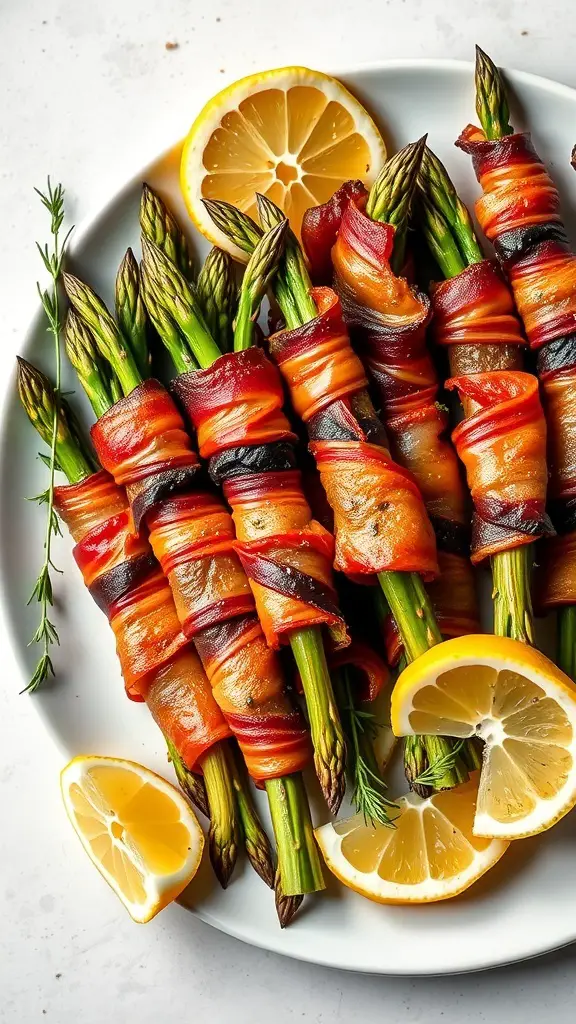 Plate of bacon-wrapped asparagus bundles with lemon slices
