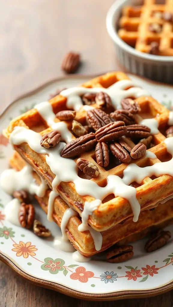 A plate of cinnamon roll waffles topped with icing and pecans