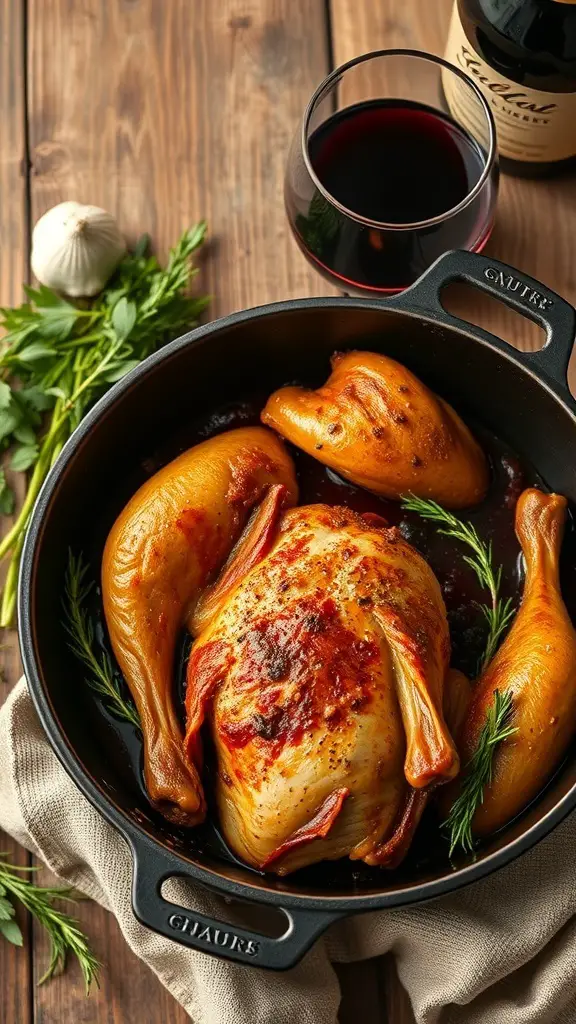 A pot of Coq au Vin with a whole chicken, mushrooms, and a glass of red wine