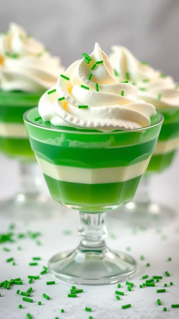 Green Jello cups topped with whipped cream and green sprinkles