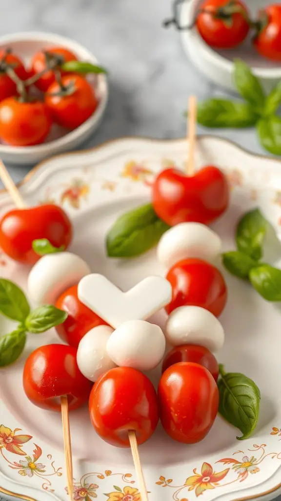 Heart-shaped Caprese skewers with cherry tomatoes, mozzarella, and basil on a decorative plate.
